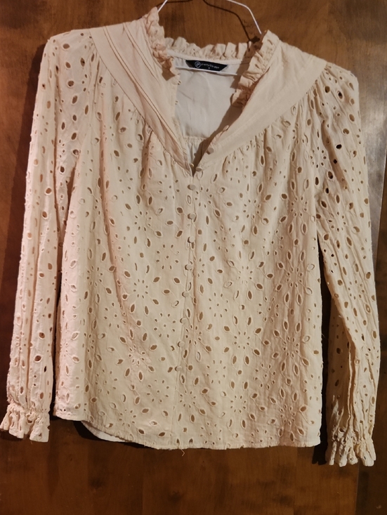PrettyGarden Tops - Eyelet Ruffle Collar Blouse in Light Beige - Unknown Brand